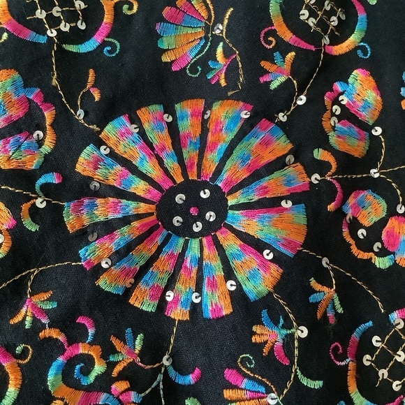 VINTAGE Embroidered Linen Skirt Black A-line Midi Pin-Up Retro Rockabilly 8 - Picture 6 of 12